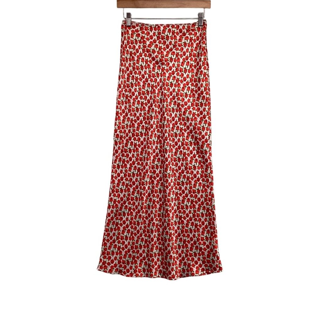 Topshop Womens Maxi Skirt SIze 2 Red Floral Print Long Satin Full‎ Length